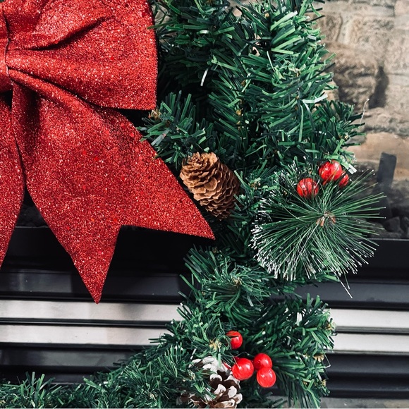 New Christmas Wreath for Door with Pine Cones Berry Spruce Red Ribbon Bow 50cm - Picture 9 of 10